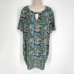 BCBGMaxAzria Andie Short Sleeve Boxy Fit Mini Dress Sz L Shift Blue Geometric